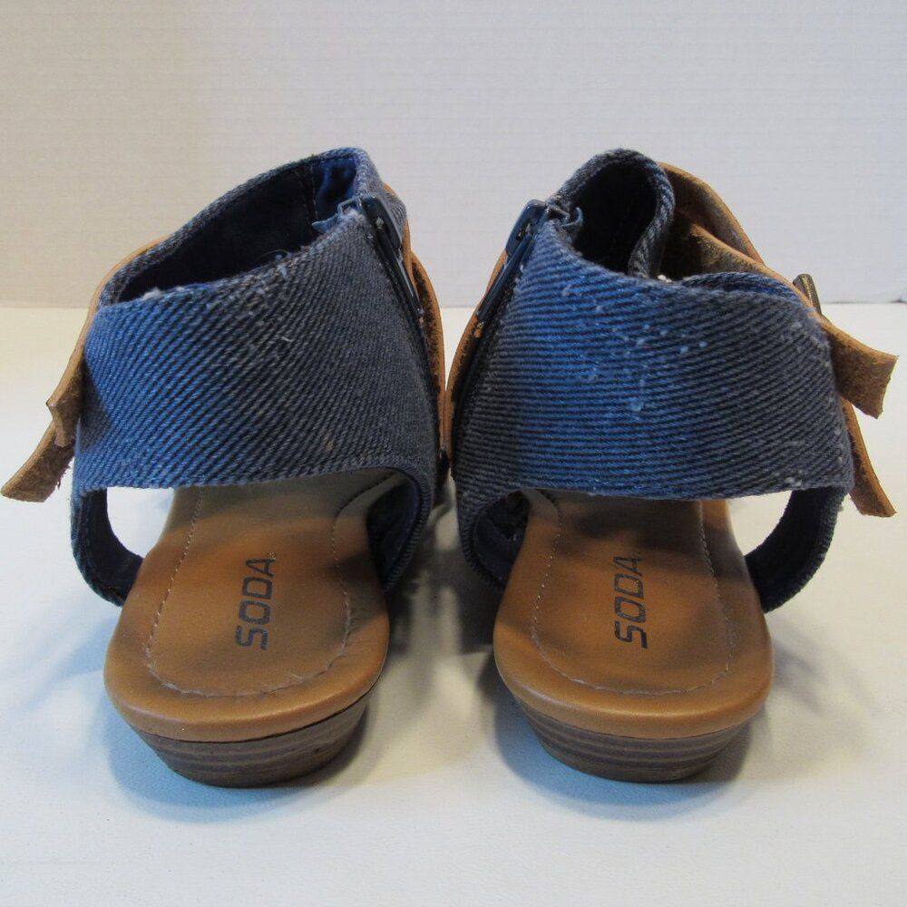 Women's Soda Blue Denim Open Toe Sandals Brown Buckle Strap Side Zipper Size 6 - Picture 3 of 8